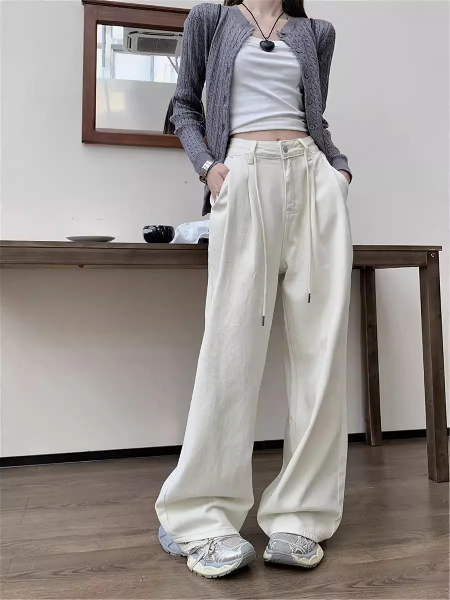 Pantalones de pierna ancha de mezclilla con cordón de moda coreana Chic de otoño e invierno para mujer, pantalones de pierna recta de gama alta, sueltos, delgados y drapeados