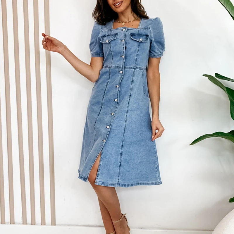 Frauen Fashion Square Kragen Denim Kleid Elegante Einreiher Split Cowboy Midi Kleid 2024, Sommer Casual Taille A-linie Kleider