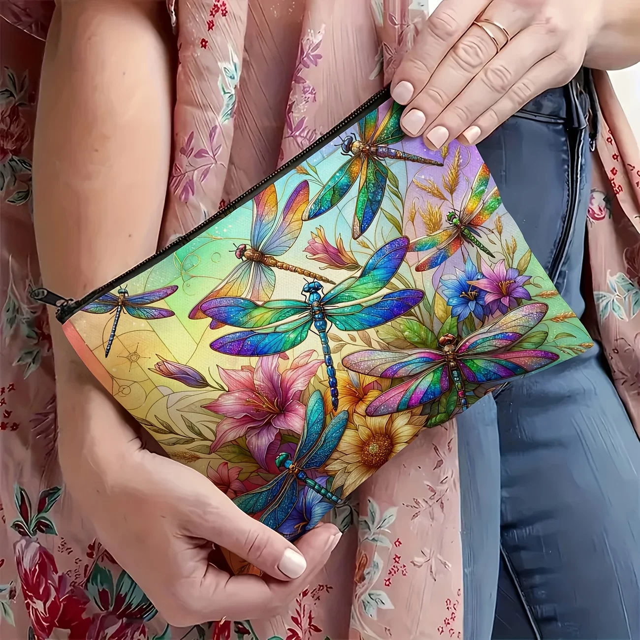 Colorful Dragonfly Makeup Bag - Hypoallergenic Floral and Insect Pattern Design, Multicolor Artistic Style Unisex Travel Storage