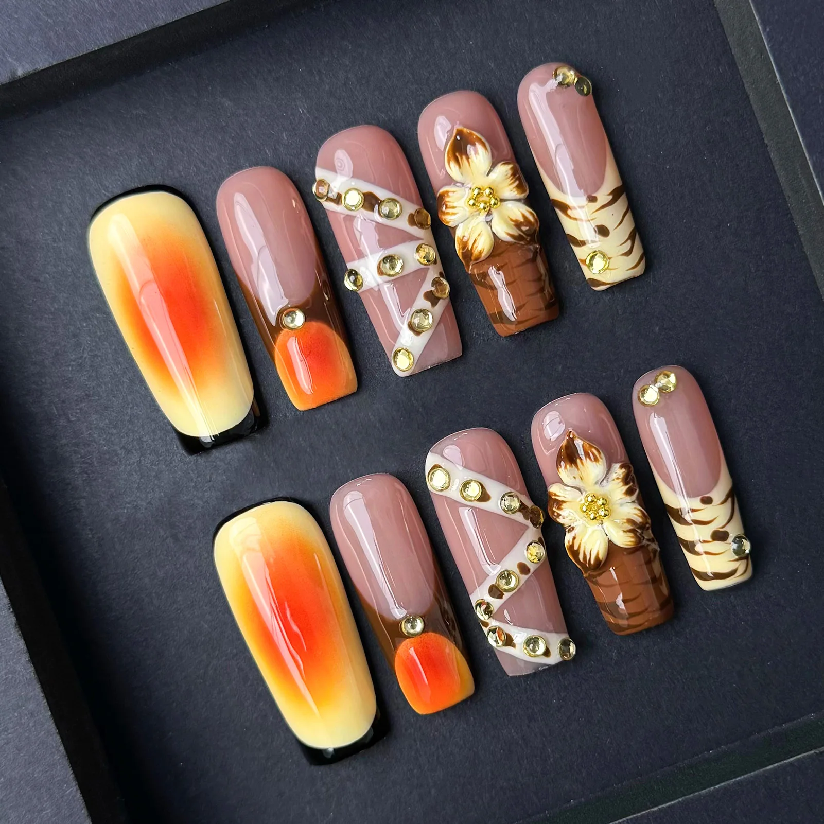 

10pcs Leopard Print French Style Fake Nails Blush Orange 3D Brown Flower Handmade Press On Nails Sweet Cool Coffin False Nail