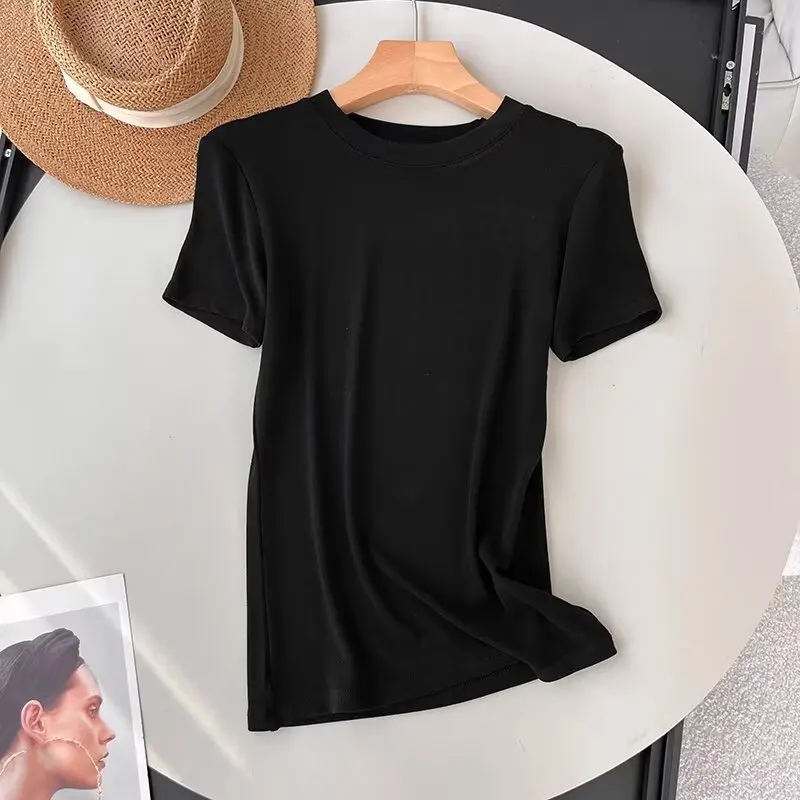 Withered Summer Nordic Minimalist Solid Color T-shirts Women Basic T-shirt Slim Fit Top For ladies