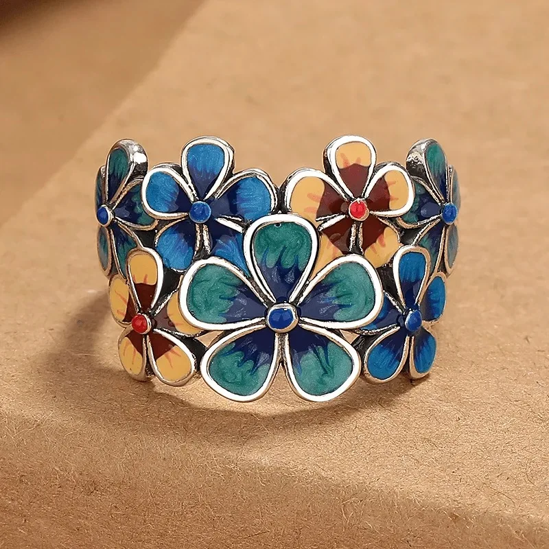 925 Sterling Silver Finger Rings for Women Vintage Blue Flower Couple Minimalist Ring Party Jewelry Gift Prevent Allergy