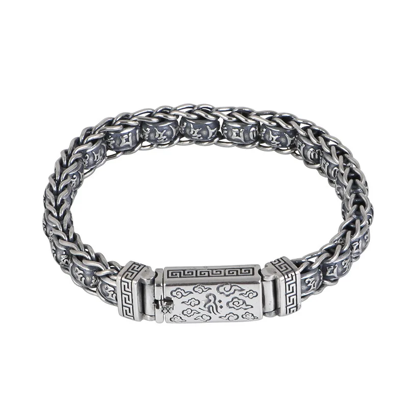 Retro Domineering Silver Bracelet Men Gift Tanggrass Pattern Exquisite Chain Male Party Birthday Hegemony Fashion Jewelry