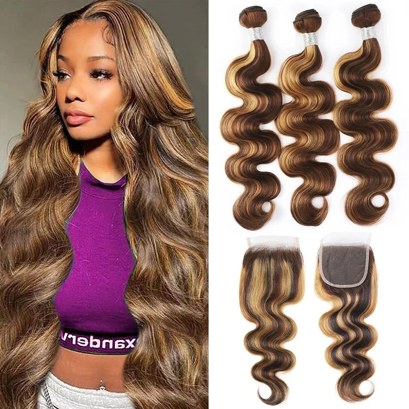 

P4/27 Ombre Brown Highlight Body Wave 3 пучка с кружевной застежкой 4x4 HD, свободная часть человеческих волос, мягкая и глянцевая 20, 22, 24 и 18 дюймов