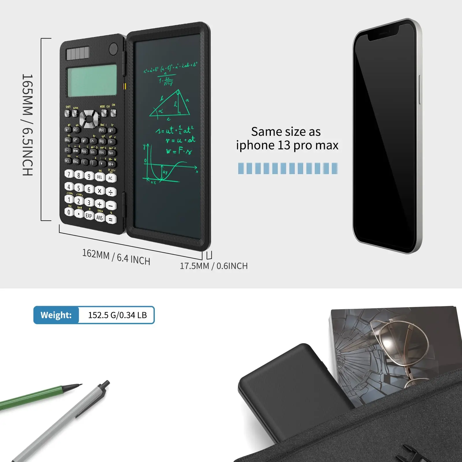 Scientific Calculator with Notepad 82 MS Foldable 2-Line Display Science Calculator with Writing Tablet Solar Middle High School