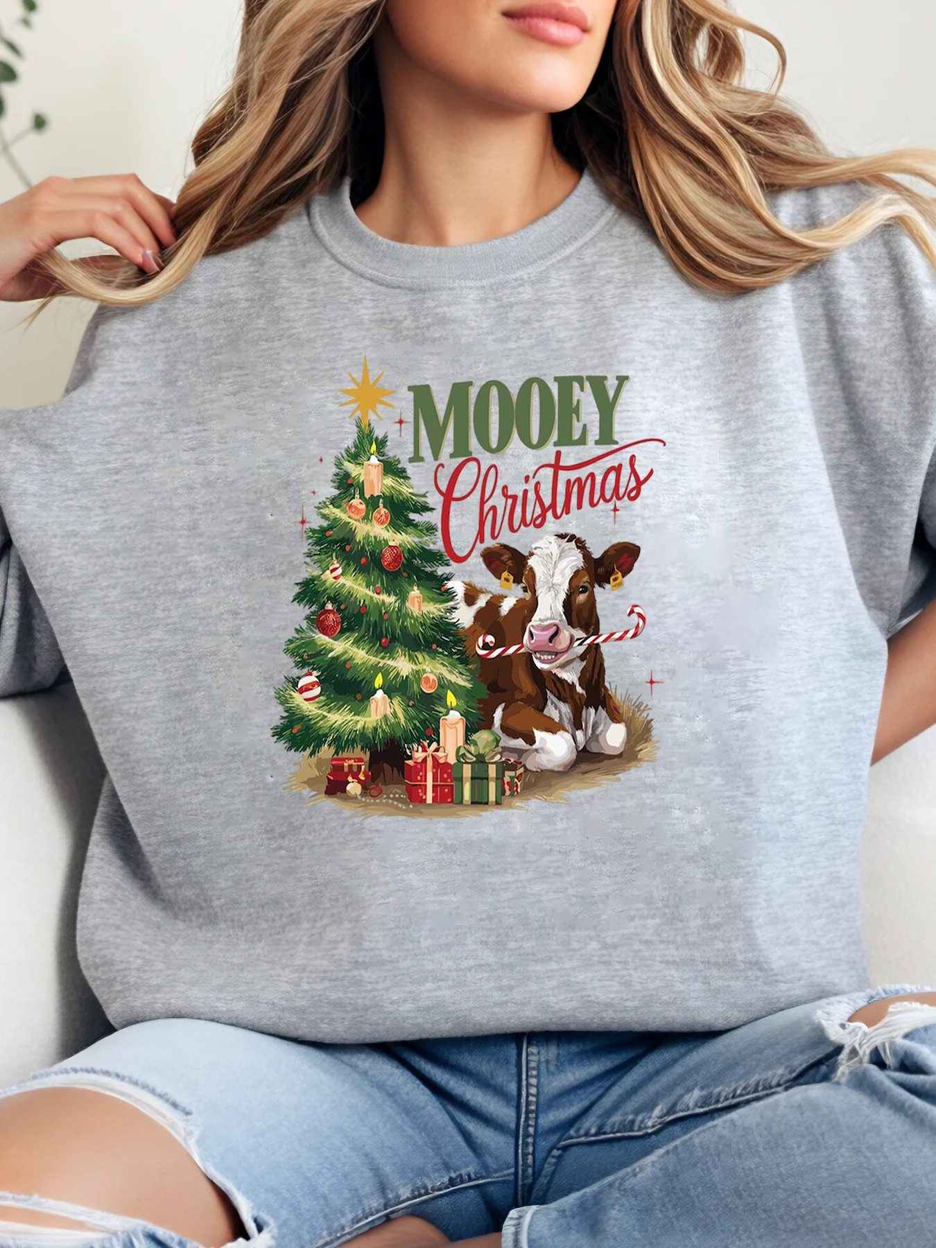سويت شيرت Mooey مطبوع عليه بقرة وشجرة عيد الميلاد للعطلات ملابس شتوية غير رسمية للنساء باللون الرمادي مقاس كبير #1