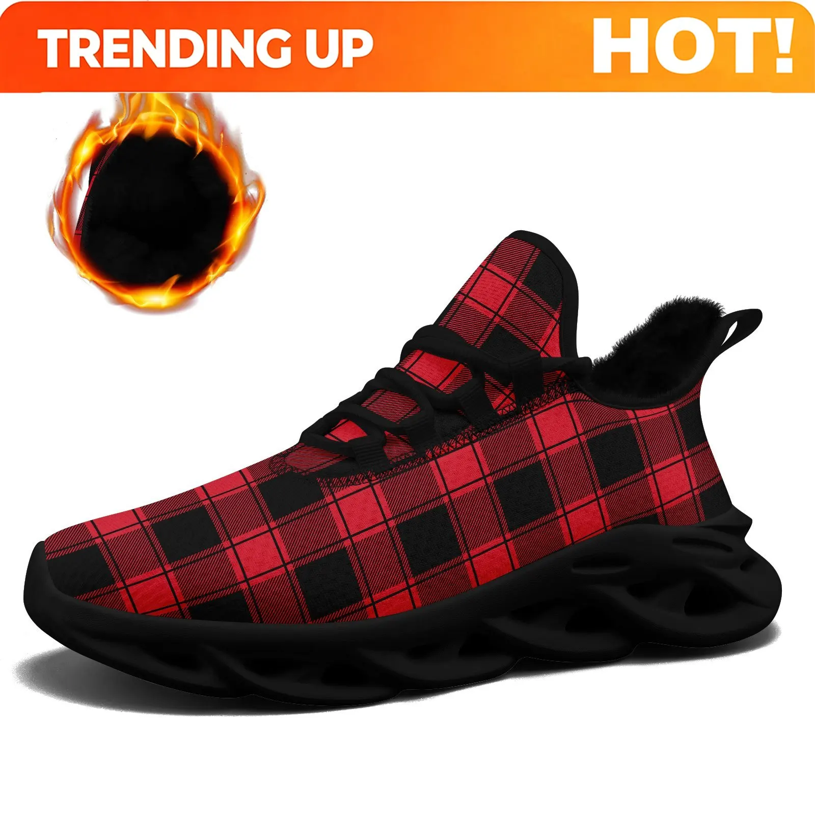 Customization Men'S Christmas Red Black Plaid Fashion Casual Sports Shoes, Trendy Warm Lined Chunky Sole Sneakers, Festive