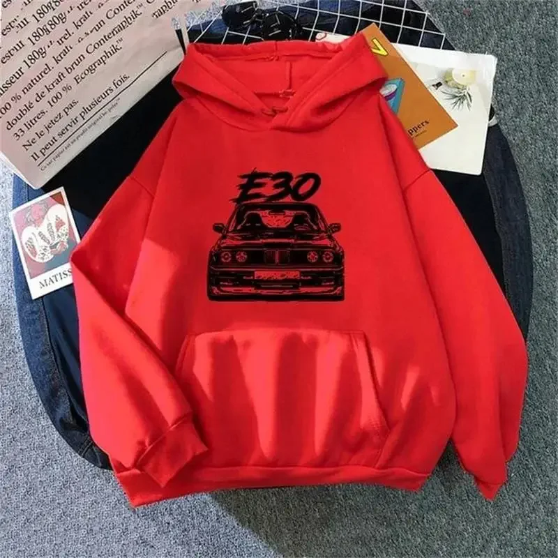 Jesień/zima E30 samochodowa bluza z kapturem ciepła męska Hip Hop z nadrukiem wokół szyi kieszeń Cartoon Street bluza top