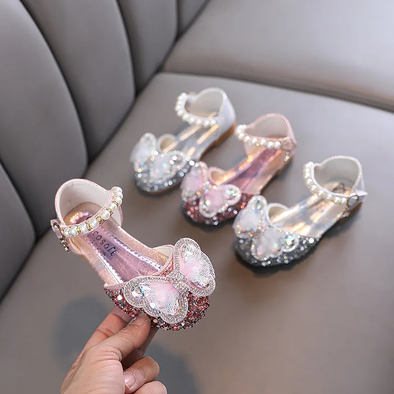 Little Girls Sequin Lace Bowknot Sandals Summer Children's Bling Pearl Rhinestone Single Shoes Kids Soft Bottom Beach Sandals