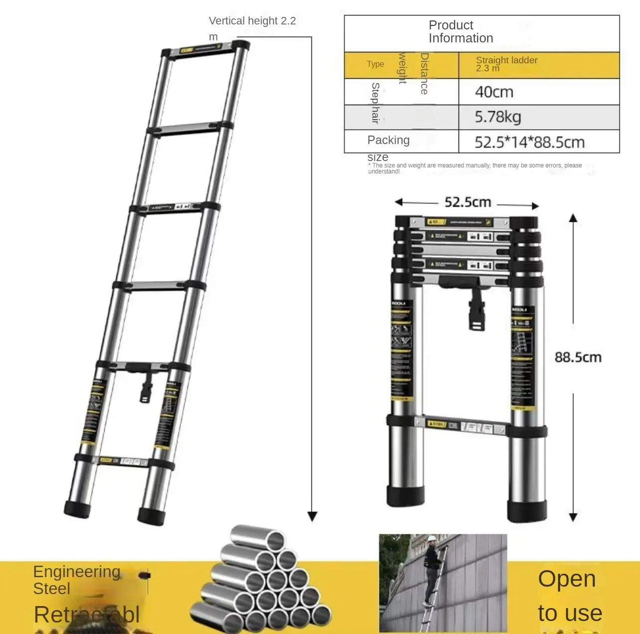 2.3M Telescopic Ladder Lifting Engineering Aluminum Alloy Folding Household Multifunctional Straight Ladder Stainless Steel