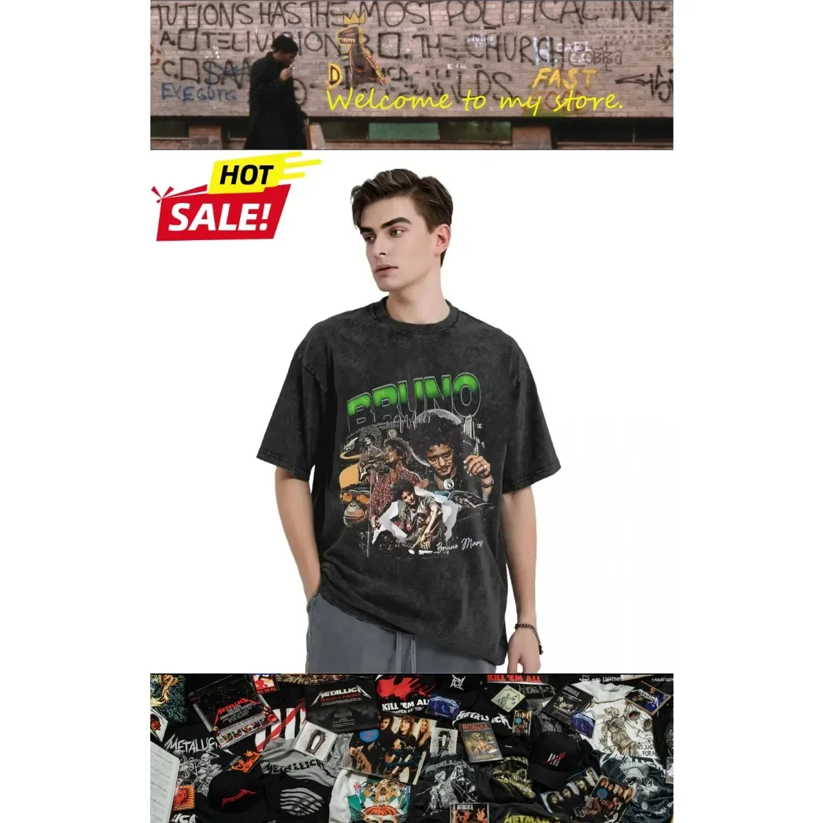 

2025 Mars Brother Bruno Mars American T-shirt Street Trendy Brand Retro Printing Old Washed Heavy Loose Couple Short Sleeves