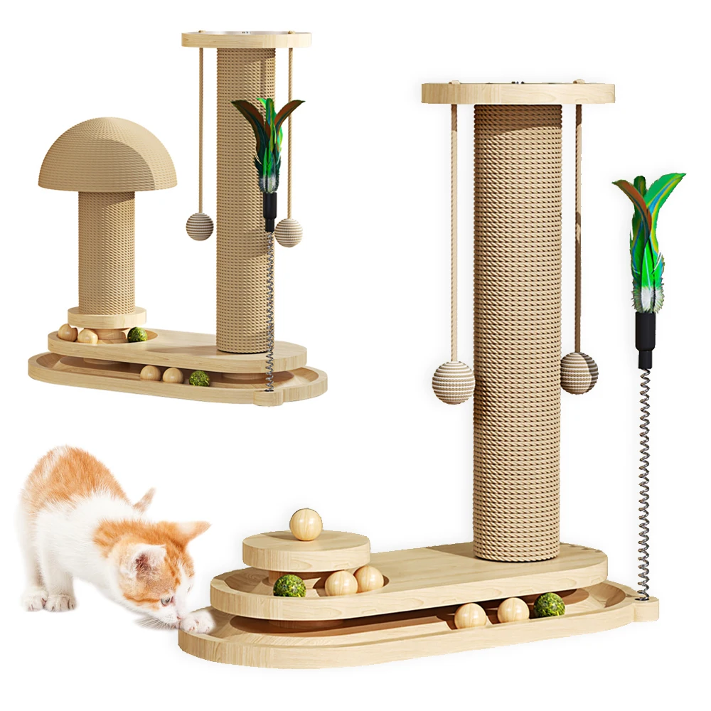 

Solid Wood Cat Scratch Sisal Cat Scratching Post Non-formaldehyde Wood Turntable with Toy Ball Durable Playground for Cats Toys