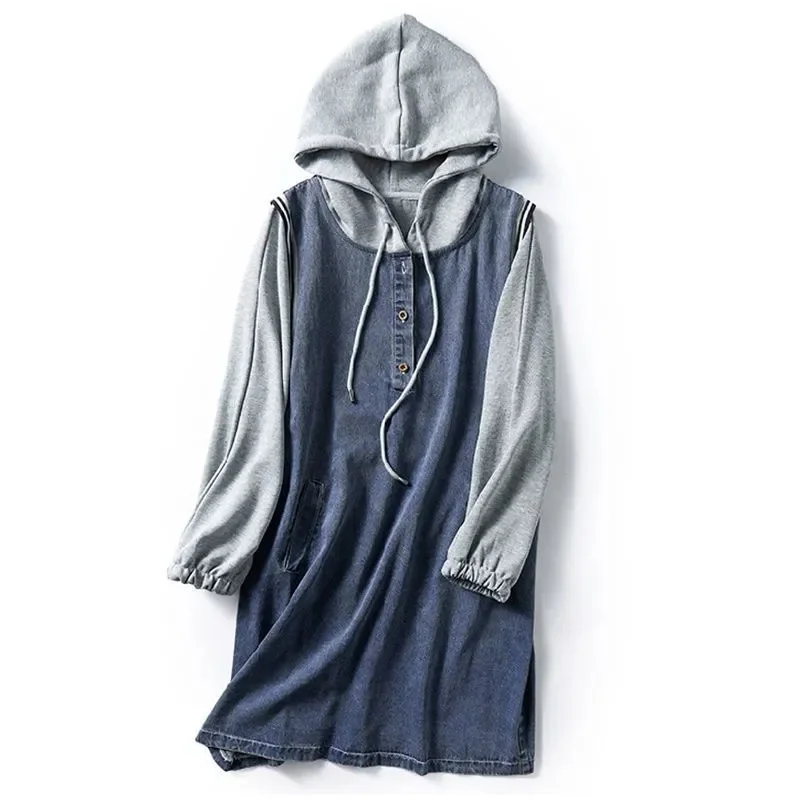 

2024 Spring Plus Size 4XL Denim Dress Design Stitching Long-Sleeved Hooded Cowgirl Dress Women's Autumn Loose Hoodie Tops