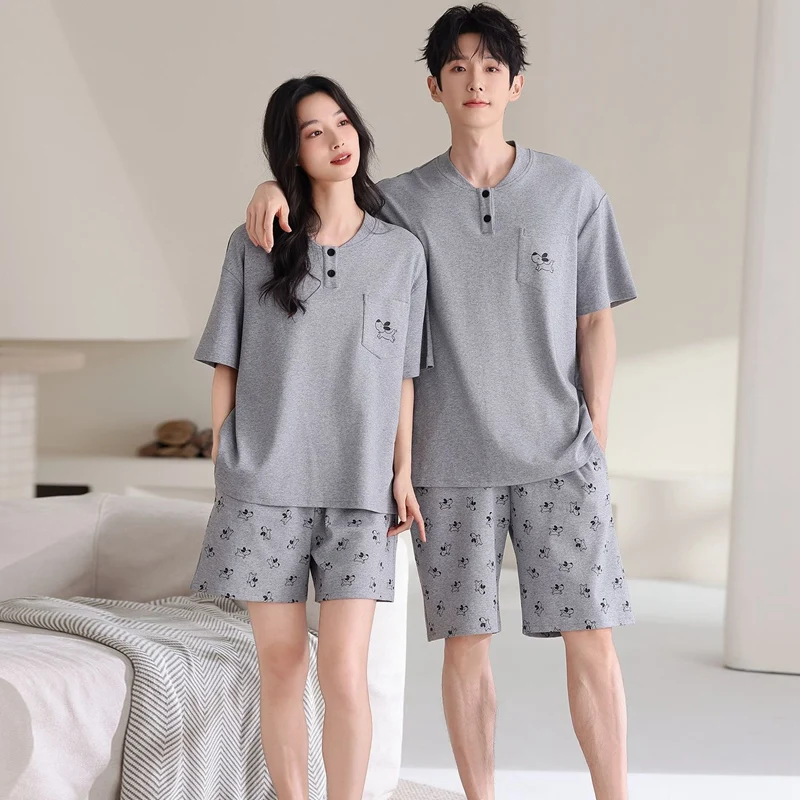 Couple Short Sleeve 100% Cotton Pajama Sets for Men 2026 Summer Korean Loose Shorts Sleepwear Pyjama Women Homewear Home Clothes