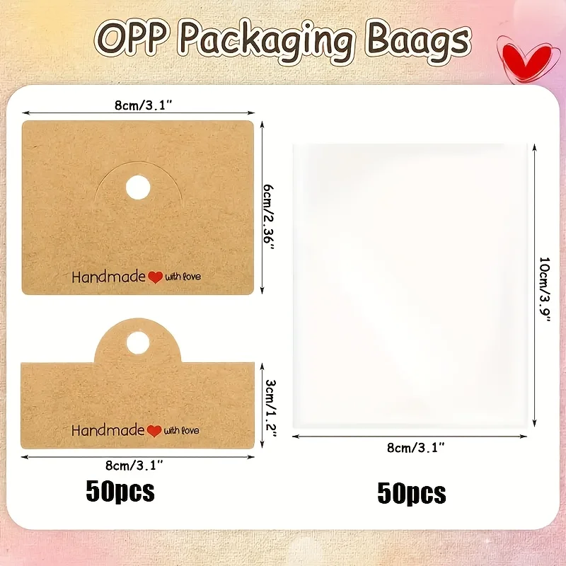 مجموعة عرض مجوهرات مصنوعة يدويًا مكونة من 100 قطعة - 50 حقيبة شفافة أنيقة و50 بطاقة مصنوعة يدويًا مع الحب، لعرض المجوهرات والأساور والأذن #6