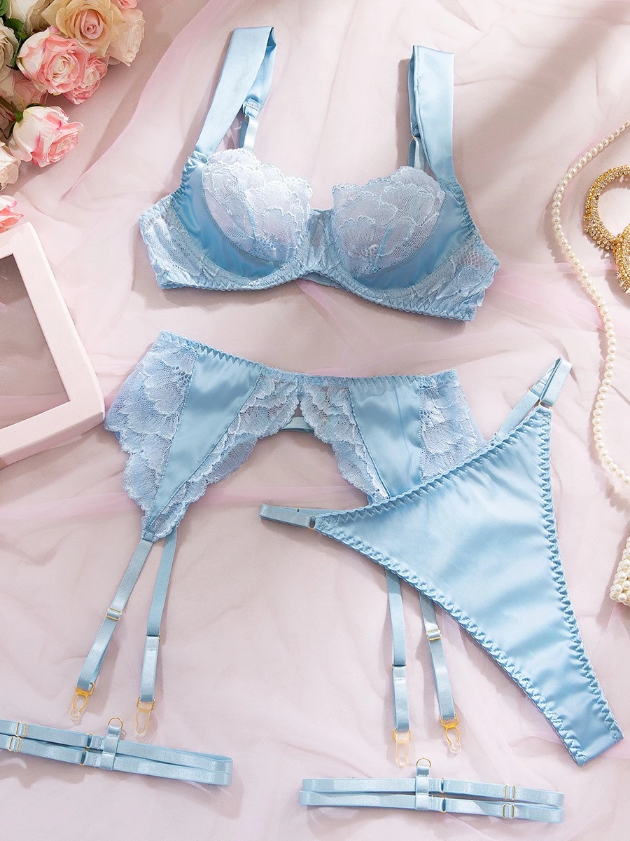 

SsTss Sexy Lingerie Women's Romantic Sheer Hollow Out Lace Push Up Bra and Panty Garter 4 Pieces Underwear Set Erotic Nightwear