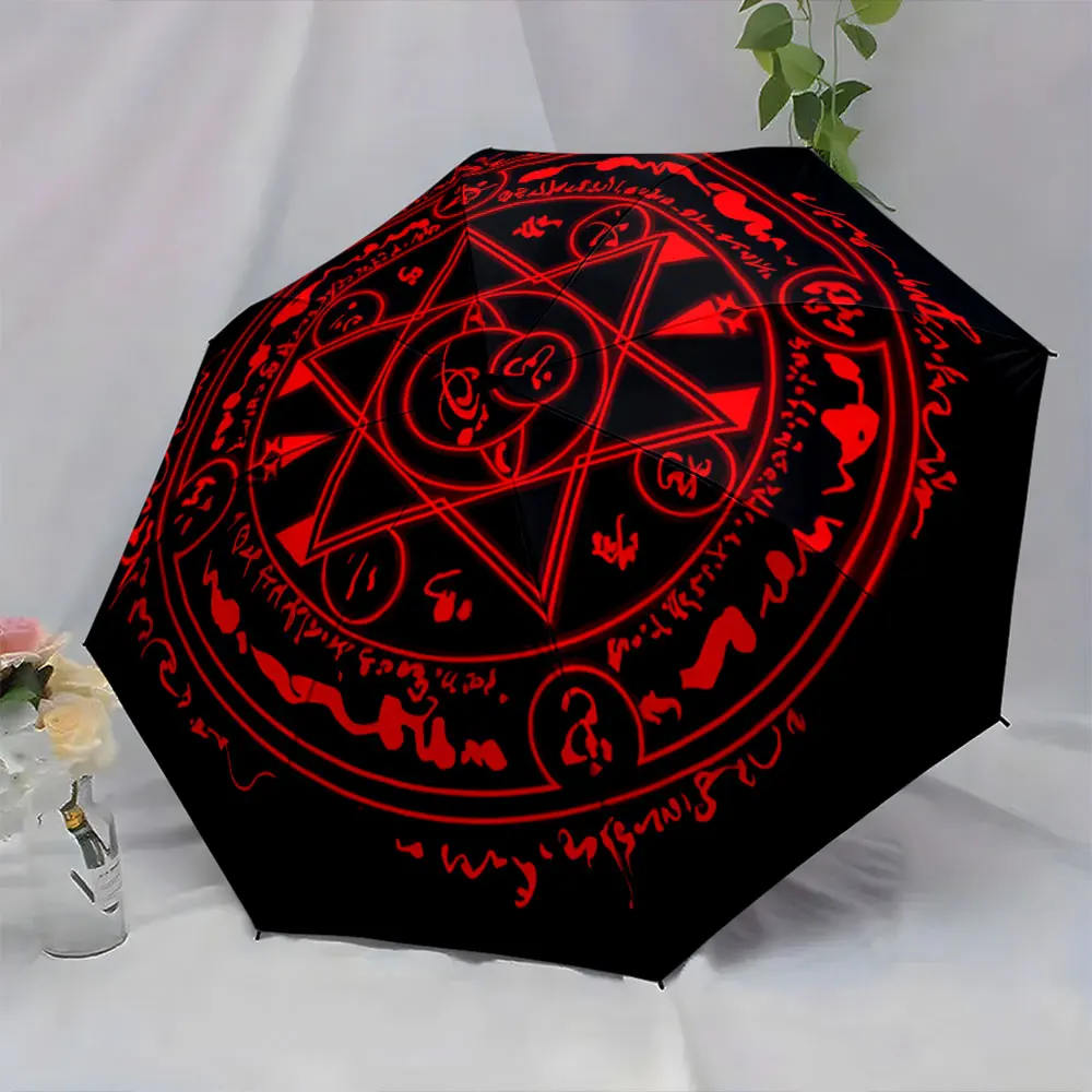 1PC Mystical Black Umbrella with Red Arcane Symbols Print 8 Iron Ribs Folding Umbrella Auto-Open Fashion Sunshade