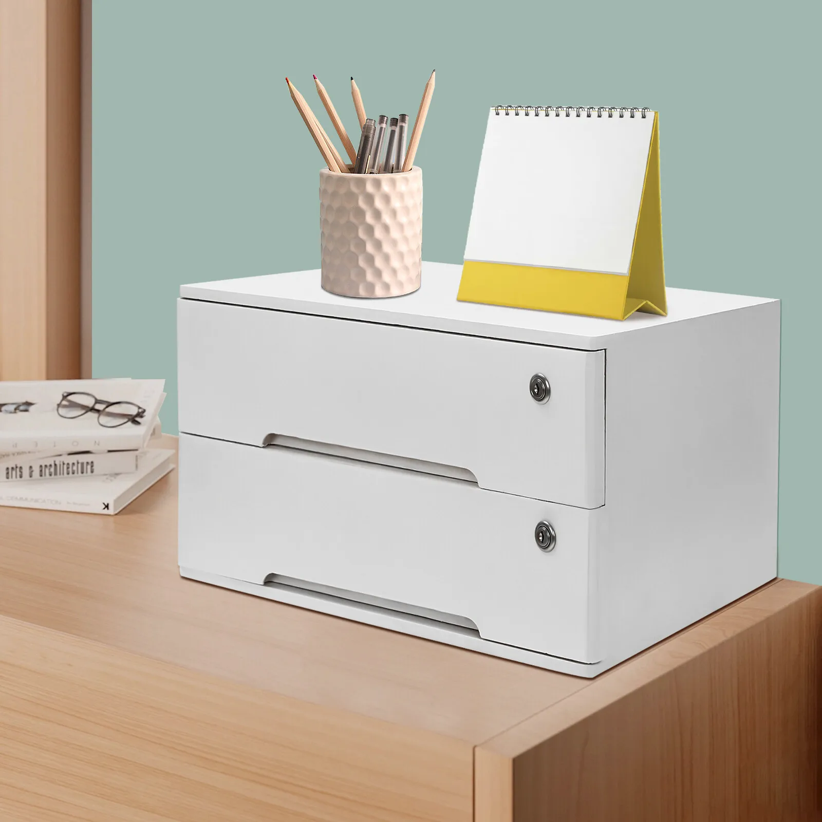 2-Shelf White Wooden Desktop Storage Box With Lockable Drawers For File Supplies