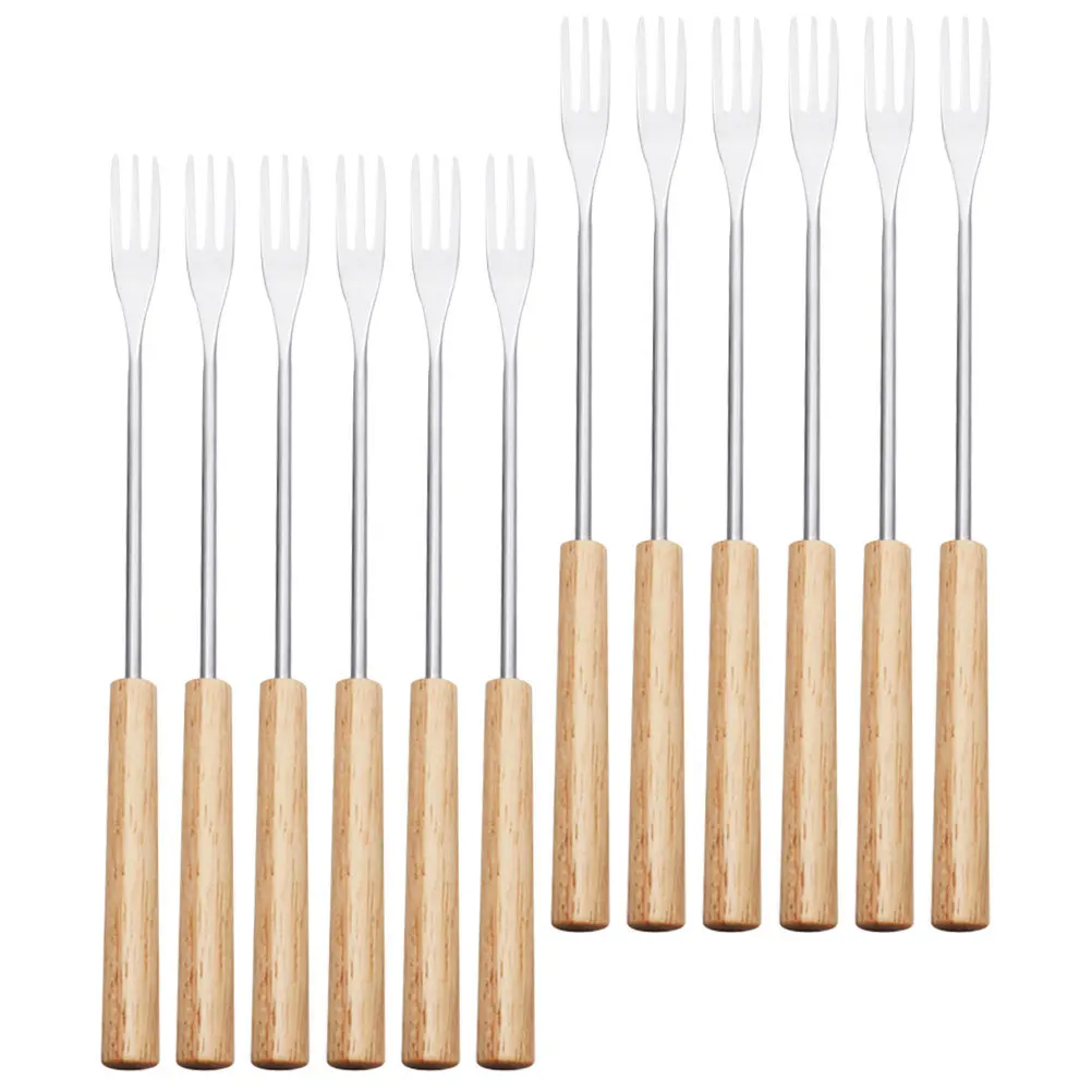 

12Pcs Hot Pot Forks Stainless Steel Wood Handle Chocolate Fondue Forks Cheese Fruit Dipping Skewers for Bbq Camping Travel