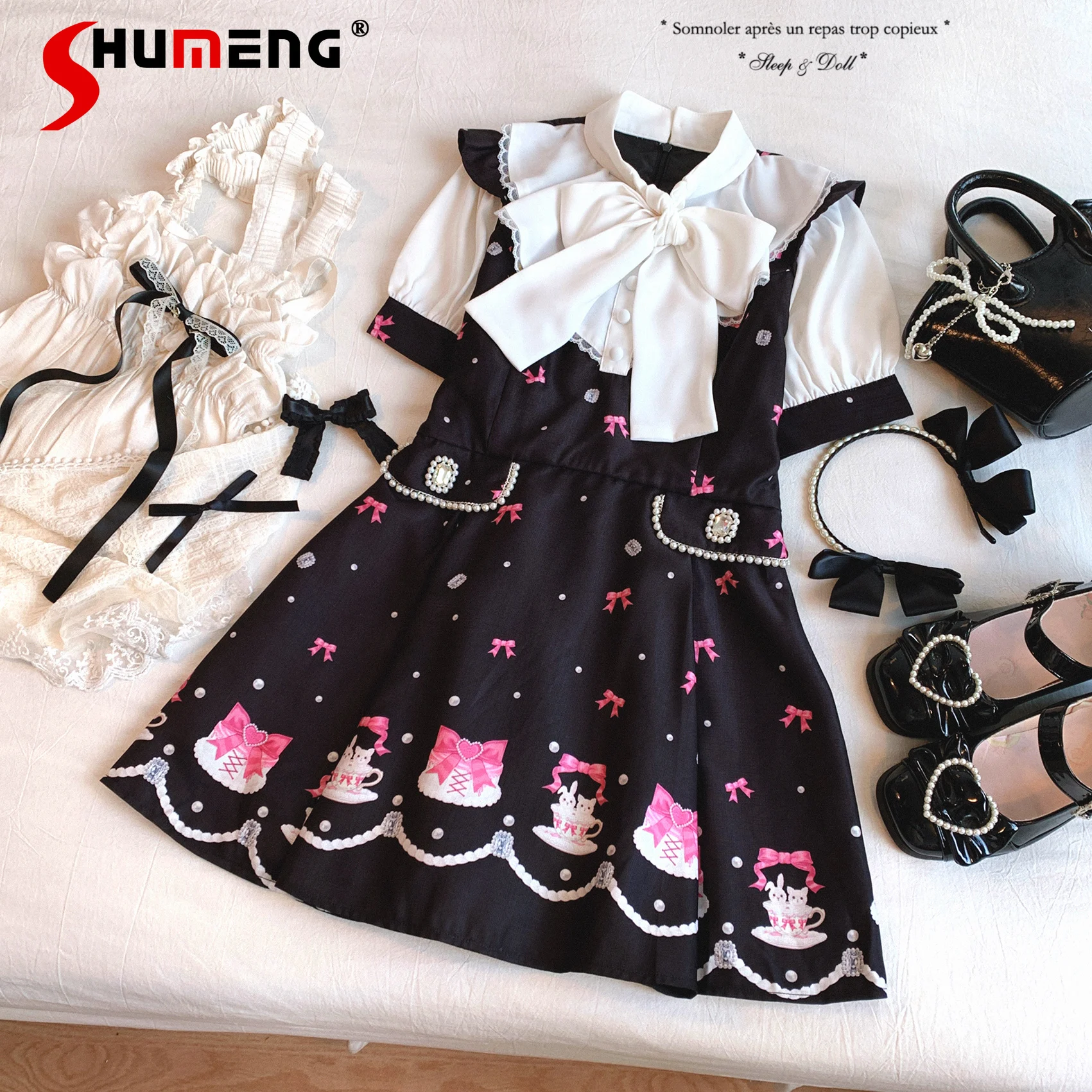 

Japanese Mine Style Sweet Cute Cartoon Print Lace-up Bow Puff Sleeve Mini Dress Elastic High Waist Shorts Two-piece Set Women