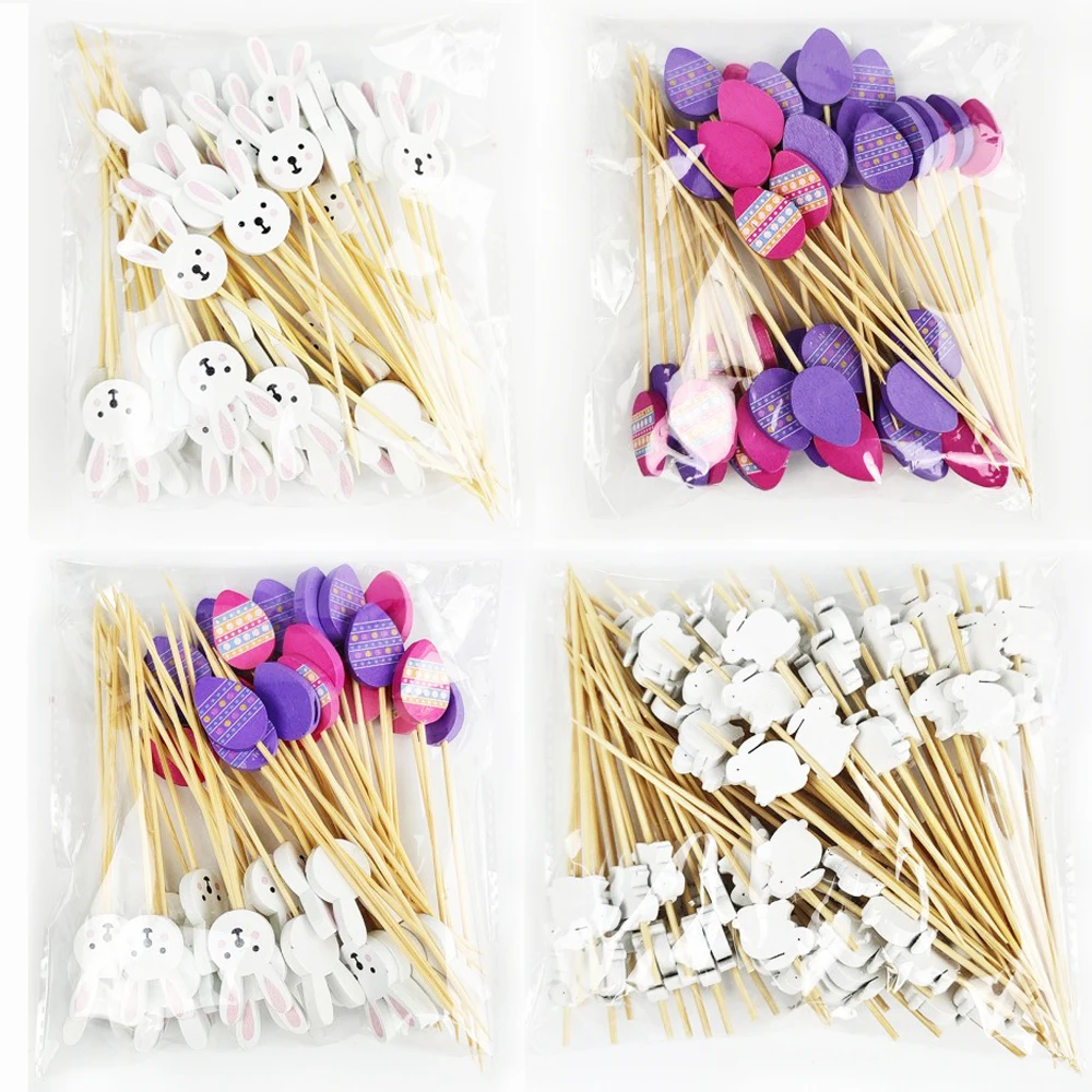 

50/100Pcs Easter Disposable Bamboo Skewers Rabbit Egg Buffet Food Pick Fruit Fork For Easter Party Dessert Salad Stick Toothpick