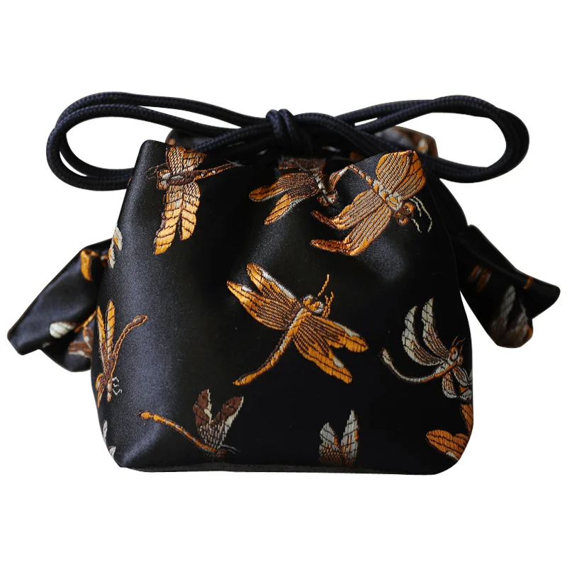 

small embroidered brocade satin tea set storage travel bag tea cup teapot bag