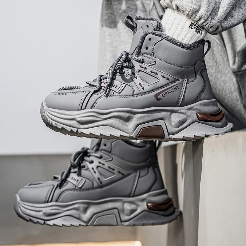 Men's Fashion High Top Fleece Lined Snow Boots Non-Slip Platform Winter Warm Ankle Shoes，
