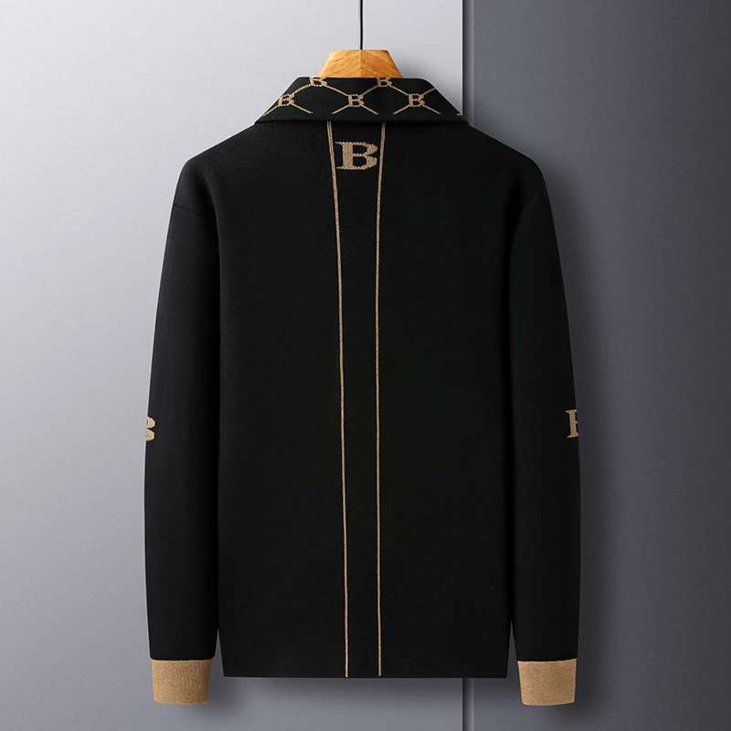 High end brand long sleeved men's lapel knitted cardigan autumn winter fashion B letter embroidery design casual sweater coat