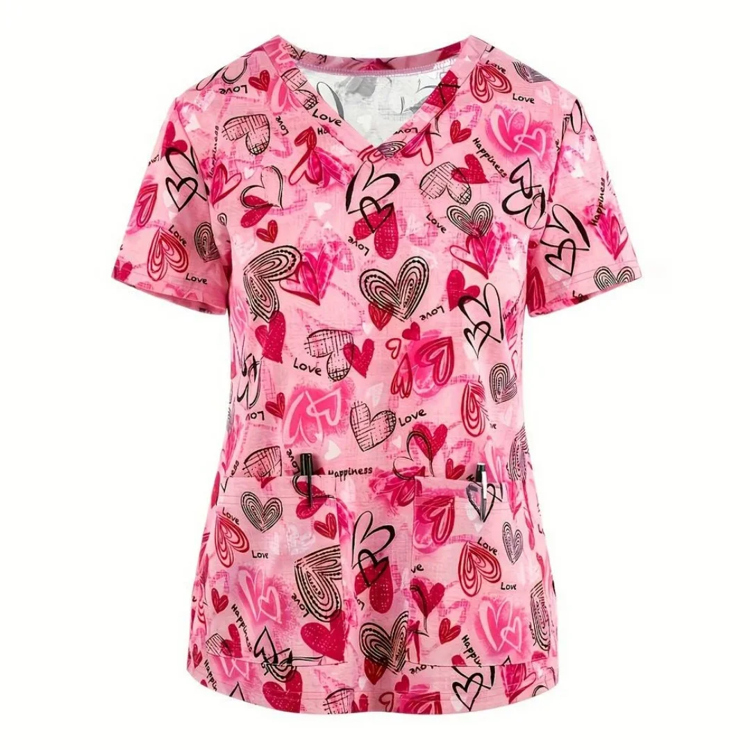 

Медицинская униформа: женская модная футболка с 3D-принтом в виде сердца, V-образным вырезом, микроэластичная, с коротким рукавом, для медицинского персонала, хирургическая униформа