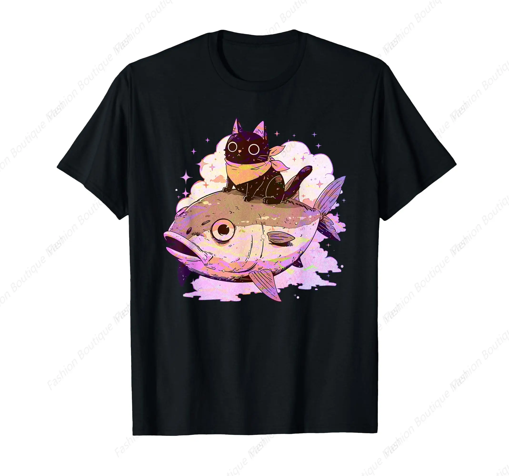 

Vintage Colorful Pastel Goth Aesthetic Tuna Fish Neko Kawaii Cat T-Shirt Soft Top