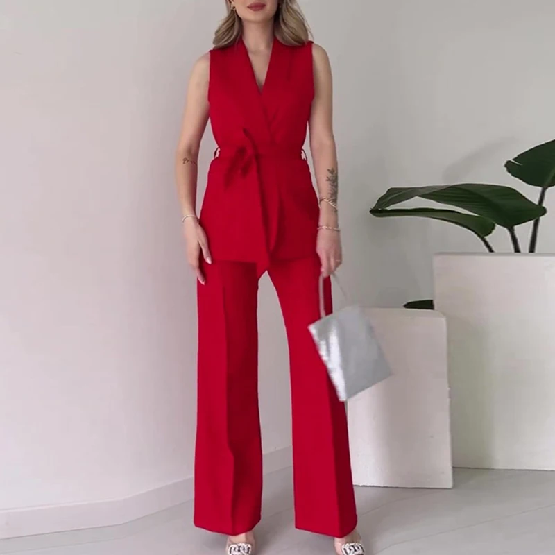 Lady Turn-down Collar Sleeveless Top with Long Pants Suit Elegant Temperament Solid Color Slim Set Fashion Lace Up Party Outfit