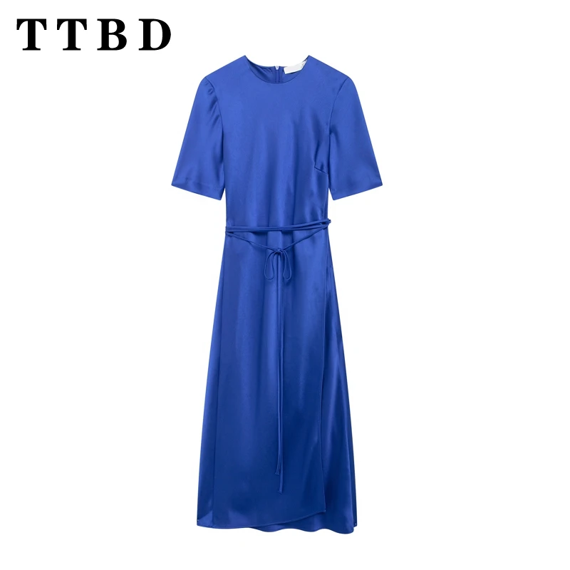 

TTBD 2024 New Summer Women's Elegant Short Sleeve Midi Dress ladies stylish Belted Casual Solid Color Long Robes Fashion Sundres