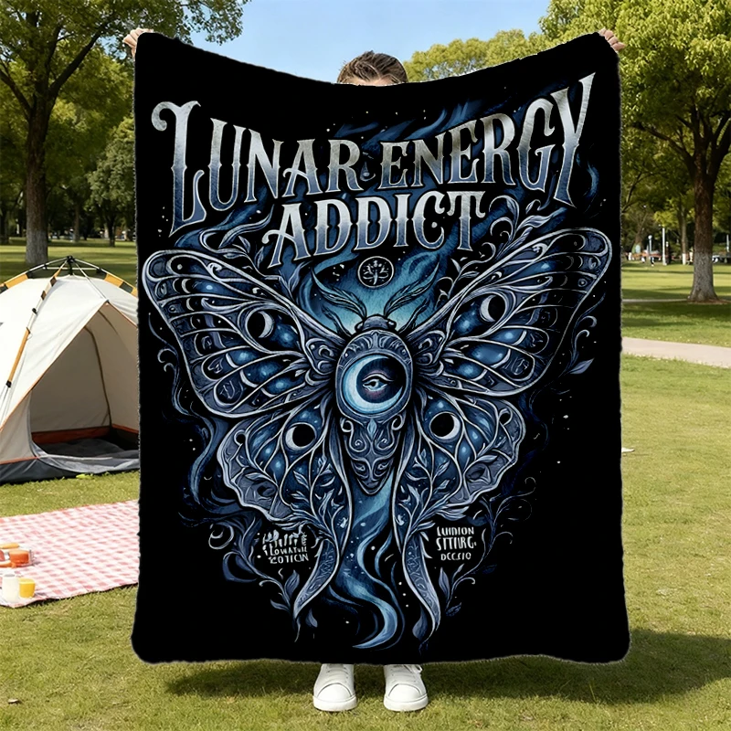 Celestial Moth Lunar Energy Addict Flannel Blanket, Moon Phase Astrology Flannel Throw