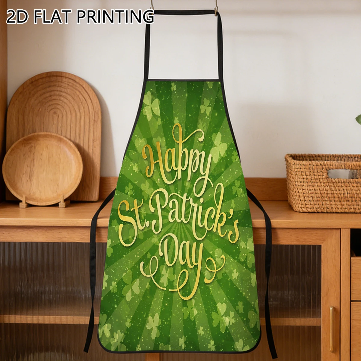 1pc Happy St Patricks Day Clover Pattern Apron For Women Holiday Kitchen Party Use