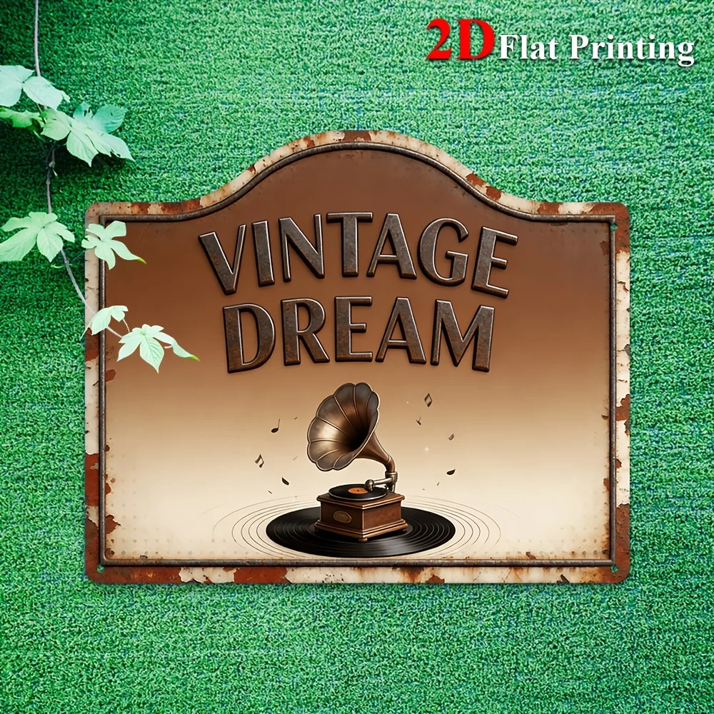 1pc 2D Flat Sign Artwork Depicting A Vintage Gramophone With Musical Notes, Ideal For Retro Home Decoration, Bar, Or Café Wall