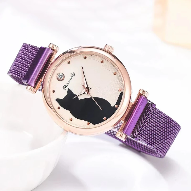 New Women Watches Cat Pattern Quartz Wristwatch for Children Girls Watch Leather Cute Cartoon Fashion Clock Relogio Feminino