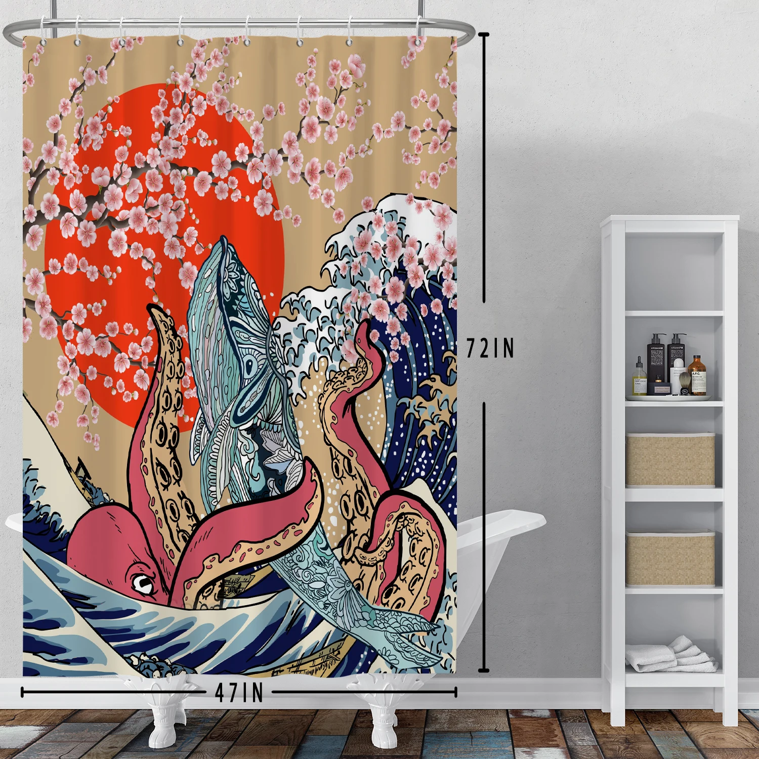 Japanese Ukiyo-e Painting Shower Curtain Kanagawa Whale Bathroom Curtain Shower Curtains Restroom Decor Waterproof With Hooks