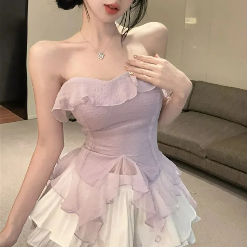 

Women Sexy Off Shoulder Ruffle Asymmetrical Blouses Summer Sweet Chic Sleeveless Chiffon Shirts Solid Slim Fit Fairy Party Tops