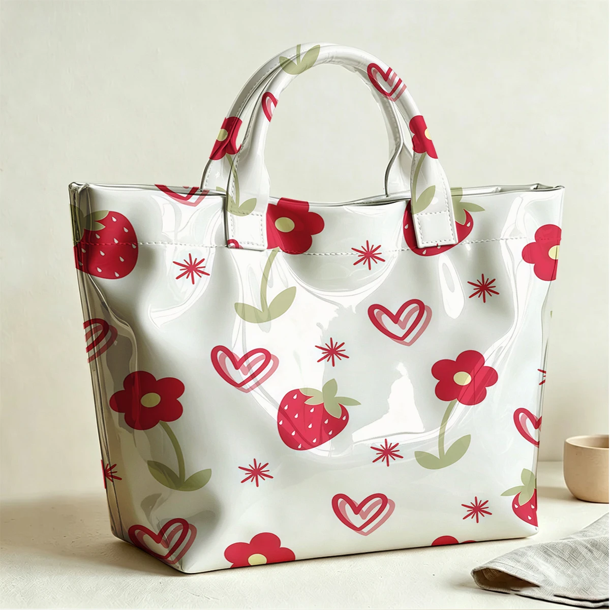 Berry  Joy Large PVC Waterproof Capacity Canvas Shoulder Bag Dual Side Print Tote Bag Daily Shopping Bag Fashion Handbag