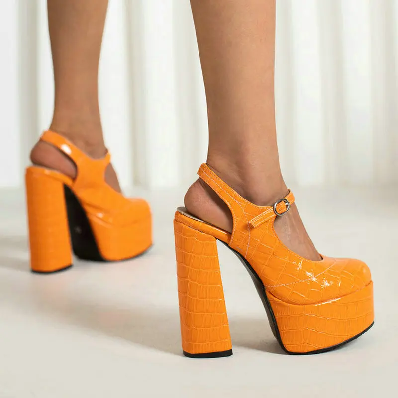 2023 Women High Heel Shoes Platform Square High Heel Ladies Pumps PU Leather Round Toe Buckle Lady Party Shoes Orange Blue Green