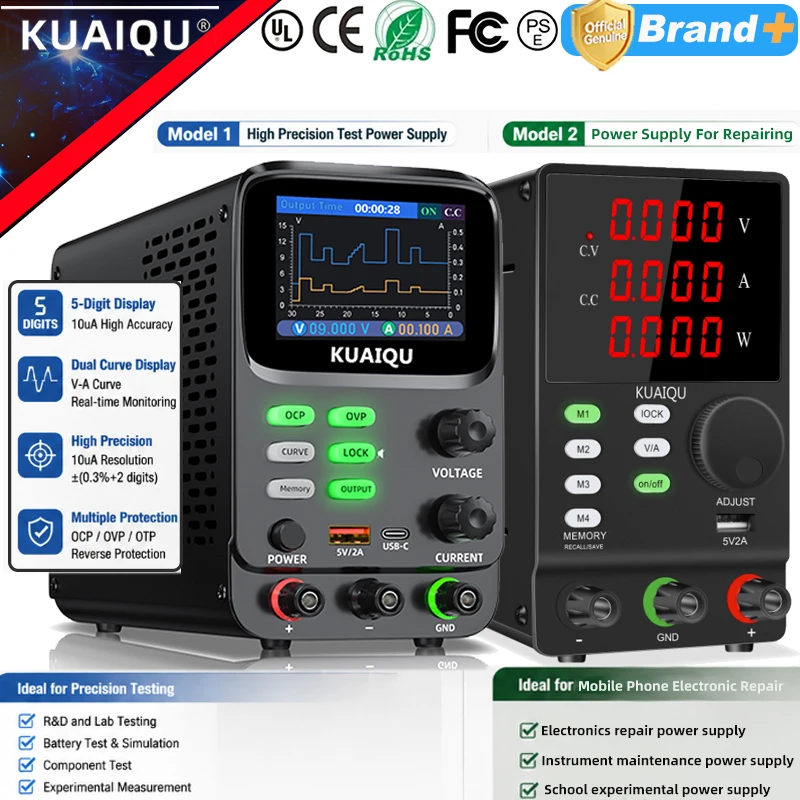 KUAIQU DC Labornetzgerät 30V 10A 5-stelliges Display 0,001V 0,001A Hochpräzises Tisch-Netzteil mit Echtzeit-V-A-Kurvenüberwachung Speicherfunktion für Tests und Reparaturen