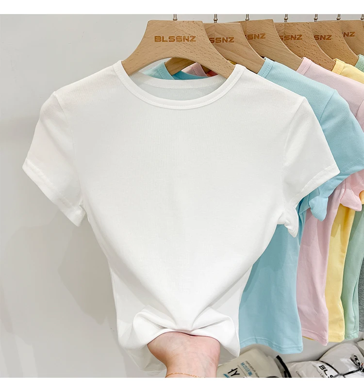 Zjaiss 2026 Sommer Neues Design Slim Fit Basic Top Trendiges Damen Baumwoll-Kurzarm-T-Shirt Einfarbig Vielseitiges O-Neck Tee – Detail 7