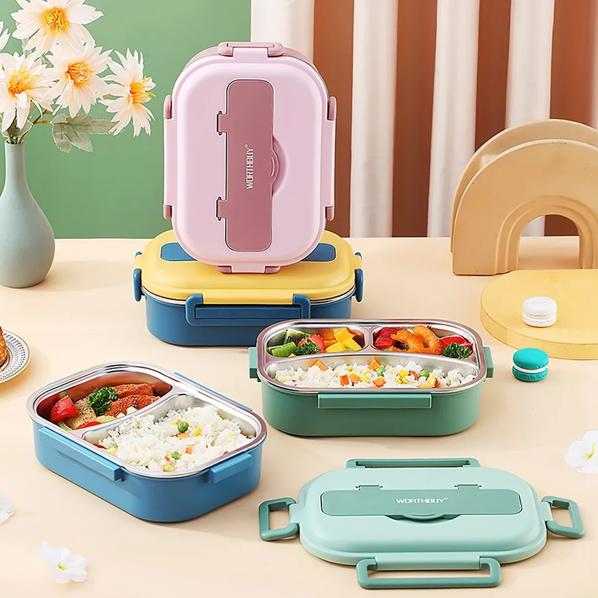 4/5 Grids Portable 304 Stainless Steel Lunch Container For Kids Students Large Capacity Lunch Box With Cutlery& Bowl Heatable