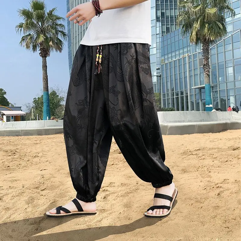 

Summer Chinese Style Satin Dragon Jacquard Lantern Harem Pants Men's Clothing Casual Loose Tang Suit Wide Leg Pants Kung Fu