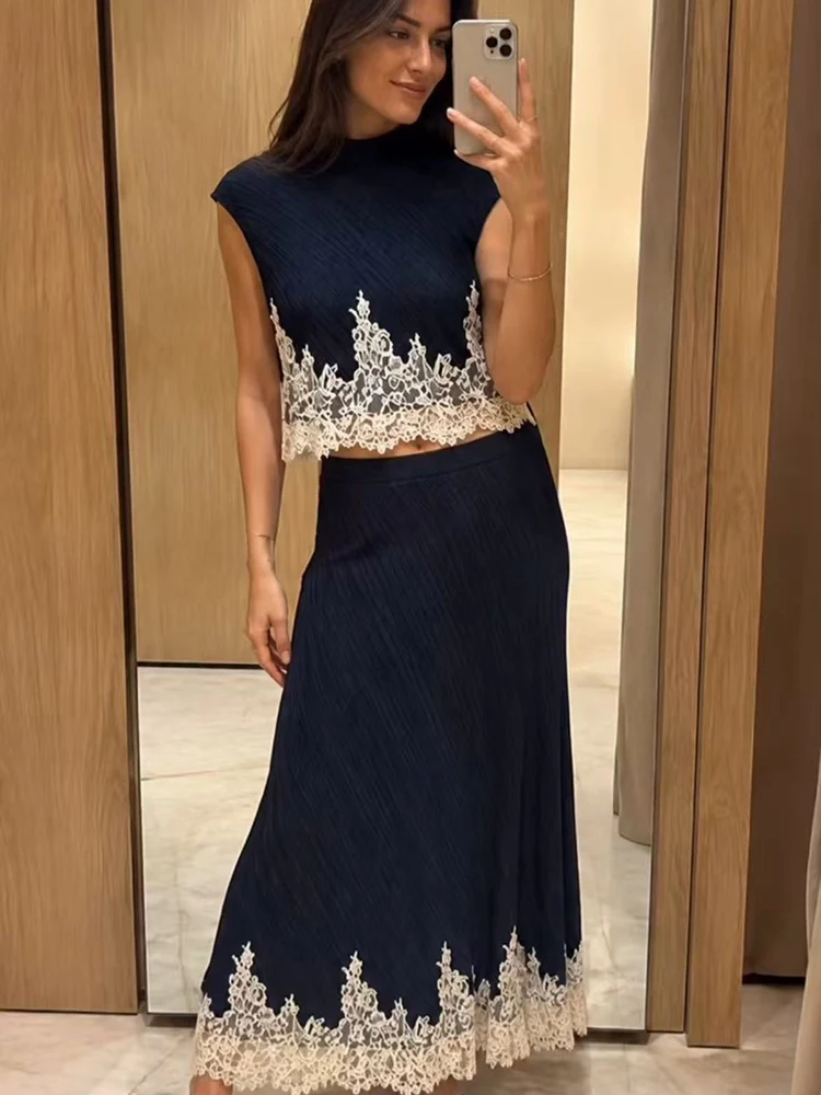 New Women 2 Piece Set Lace Patchwork Solid Slim Bodycon Street Style Sleeveless Tops And Midi Skirts Female Elegant Chic Suit image 2