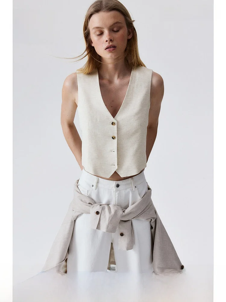 

Женский жилет H&M: летний, деловой, повседневный, модный, приталенный, стильный, укороченный, с V-образным вырезом, на одной пуговице