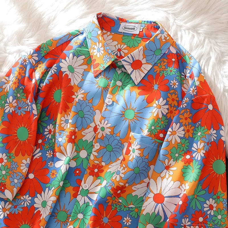 Sunflower Aesthetic  Boho Shirts Men Women Couples Shorts Sleeve Blouse Summer Lapel Tops Cute Flower Camisas Harajuku Beach Tee