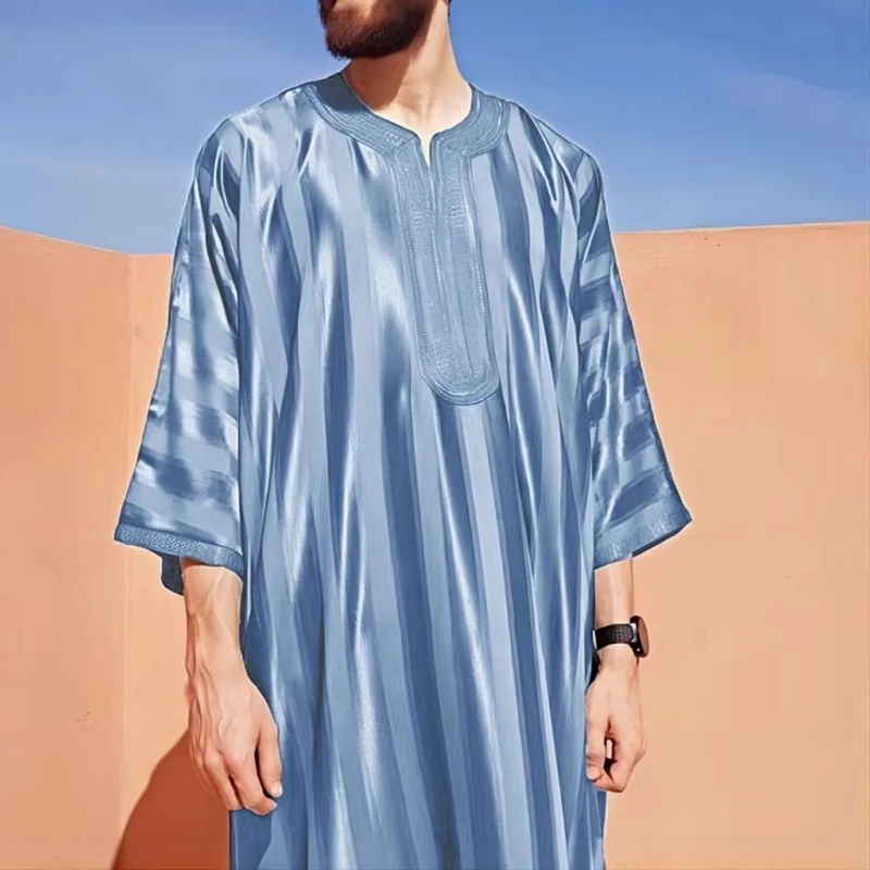 الرجال مسلم الجلباب الشرق الأوسط العربية رمضان الملابس الإسلامية الرجال جوبا قفطان جولة الرقبة طويلة الأكمام التطريز تي شيرت اللباس