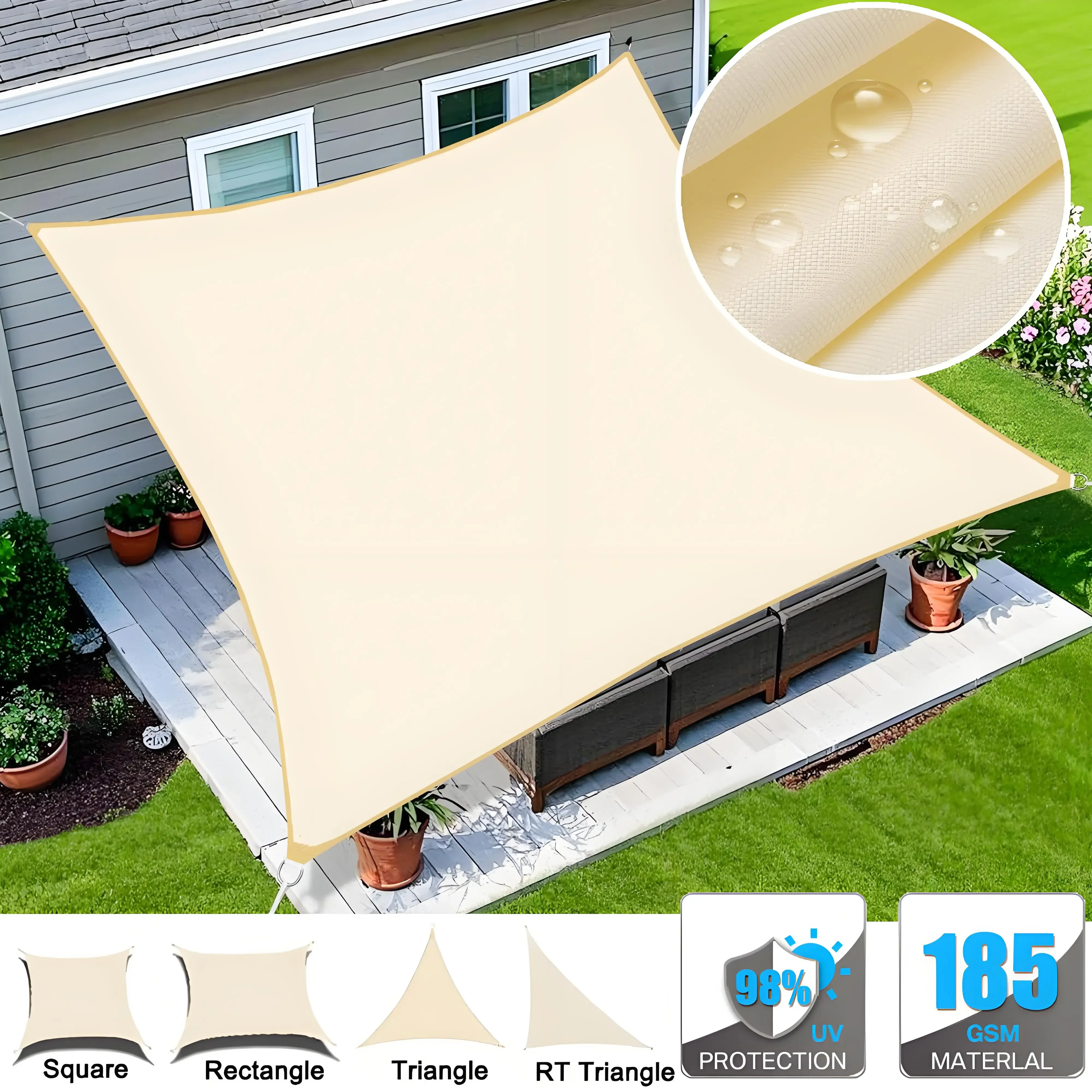 

Beige Sun Shade Sail Waterproof Outdoor Garden Sails Canopy Patio Party Sunscreen Awning 98% UV Block Shade Cloth with Free Rope