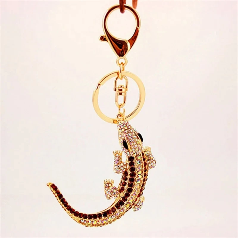 New Crystal Alloy Gecko Fashion Lizard Alloy Metal Key Chain Key Ring Pom Gift For Women Girl Bag Charm Keychain Pendant Jewelry